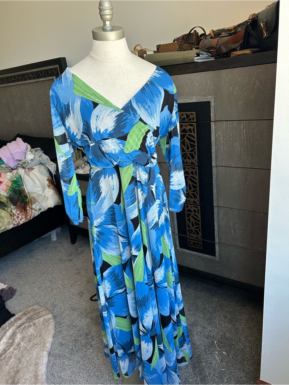 Blue Floral Wrap Maxi Dress with Green Accents — Women's Maxi